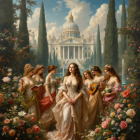 A serene, idyllic scene features a central woman surrounded by five others in flowing gowns, set against a grand palace and lush gardens, reflecting the quote about the importance of women.