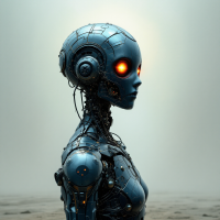 A futuristic, humanoid robot with glowing orange eyes stands in profile against a misty backdrop, embodying themes of isolation and existential doubt inspired by the quote about God's indifference.