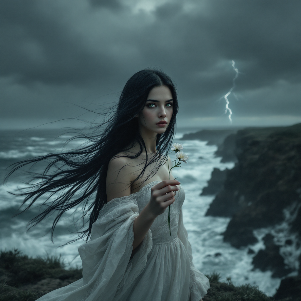 A woman in a flowing gown stands on a rocky shore, holding a small flower amidst stormy skies and crashing waves, embodying the idea that small acts can ripple through existence.