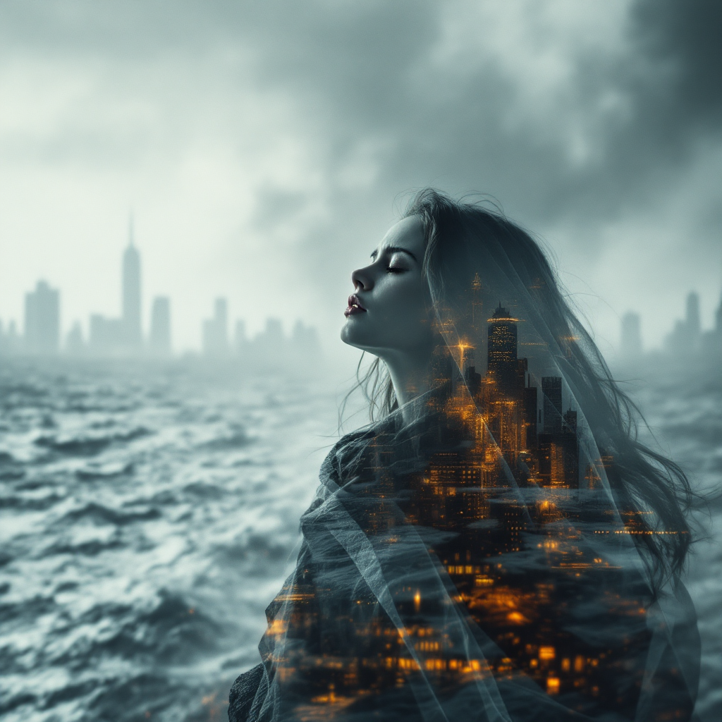 A woman gazes thoughtfully at a stormy sea, her silhouette merging with a cityscape, embodying the struggle that gives meaning to existence.