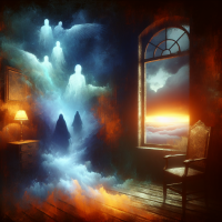 A mystical scene with ghostly figures hovering above a glowing ethereal landscape inside a dimly lit room. A lit lamp and an empty chair beside a window showing a vibrant sunset over clouds.