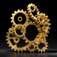 A dynamic arrangement of intricate golden gears on a dark background, symbolizing interconnectedness and individuality within a larger system, reflecting a theme of unity and function.