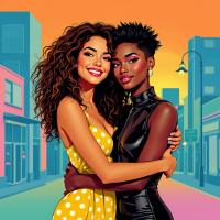 Two friends embrace joyfully in a vibrant urban setting, embodying the essence of true friendship—supportive and non-judgmental, in both happy and challenging times.