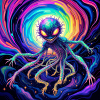 A vibrant, cosmic creature with glowing eyes and multiple entwined limbs emerges from a swirling, colorful vortex, embodying the idea of transcending worldly constraints.