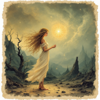 A serene figure in a flowing white dress stands alone in a dark, desolate landscape. She gazes at a bright light above, embodying hope amidst shadows, as if weaving light into darkness.