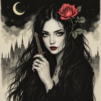 A dark-haired woman with striking green eyes holds an ornate dagger, a red rose tucked behind her ear, set against a gothic backdrop with a crescent moon and distant towers.