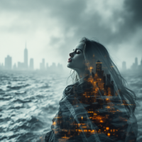 A woman gazes thoughtfully at a stormy sea, her silhouette merging with a cityscape, embodying the struggle that gives meaning to existence.