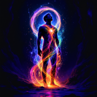 A glowing figure stands in a vibrant swirl of colorful energy, symbolizing the transformative power of beliefs as expressed in the quote, A man is made by his beliefs.