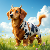 A whimsical dog with cow-like spots and small horns stands in a colorful field under a bright blue sky, embodying the spirit of taking action and embracing creativity.