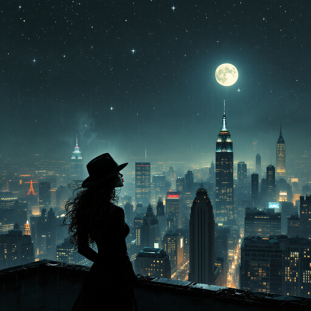 A silhouette of a woman in a hat gazes over a vibrant cityscape illuminated by stars and a glowing moon, reflecting the sentiment that stars are better off without us.