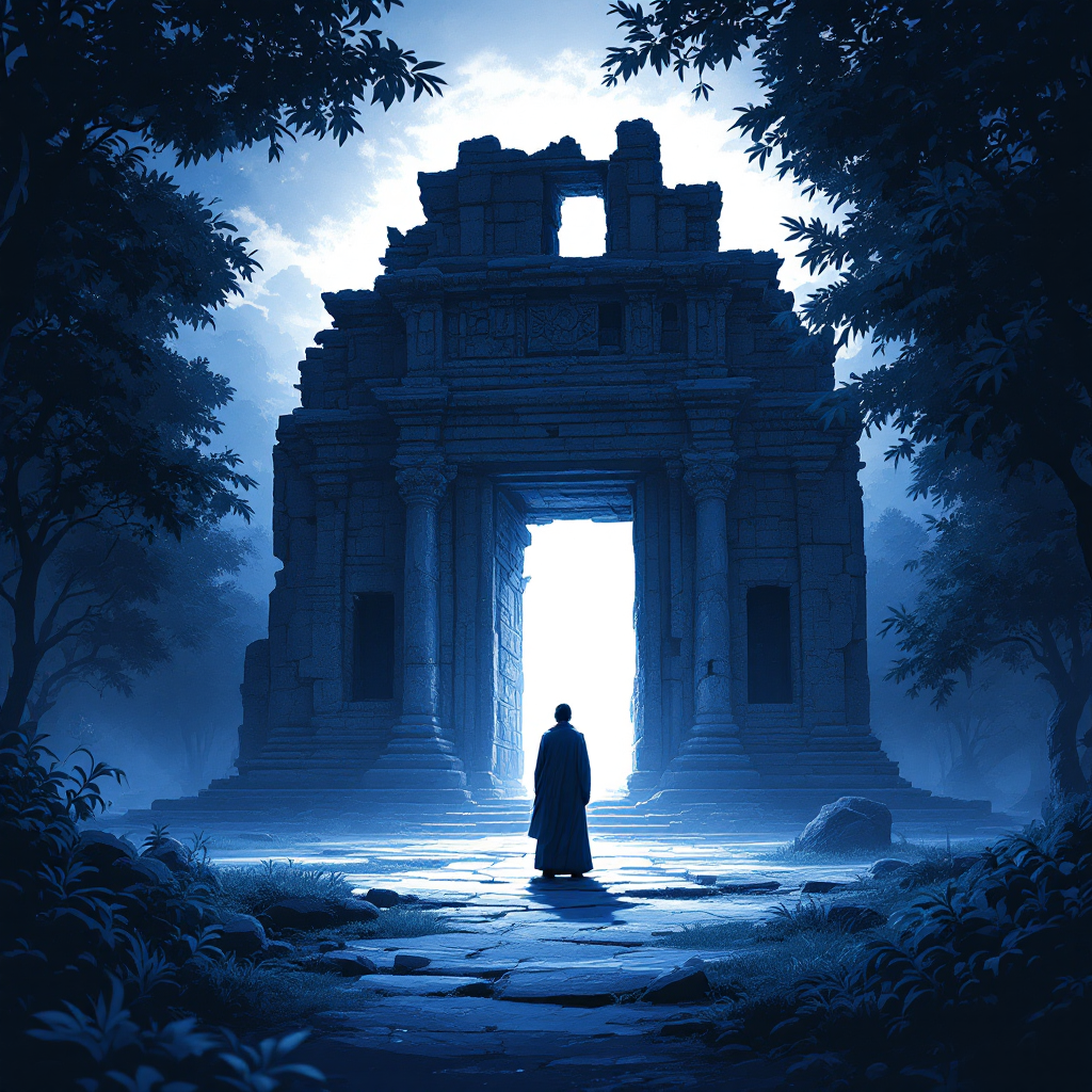 A silhouette stands before a grand, ancient structure bathed in blue light, symbolizing the lessons learned from the past as a pathway to deeper understanding and treasure.