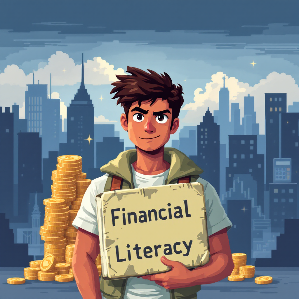 A young man holds a sign reading Financial Literacy in front of a city skyline, surrounded by stacks of gold coins, emphasizing the importance of financial education for wealth.