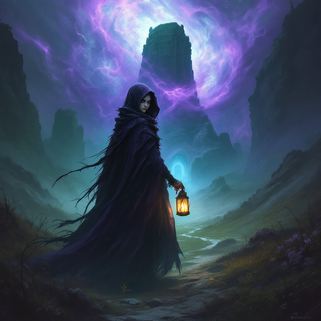 A figure in a dark cloak stands in a mystical landscape, holding a lantern. Towering spires loom under a swirling purple sky, evoking a sense of adventure and courage from the quote about reclaiming princesses.