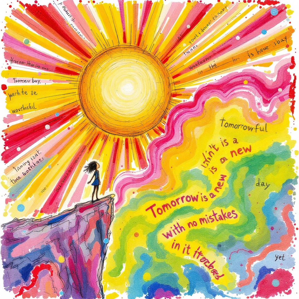 A vibrant illustration of a person standing on a ledge, gazing at a bright sun rising over colorful, swirling clouds, with the quote about tomorrow being a new day artistically integrated.