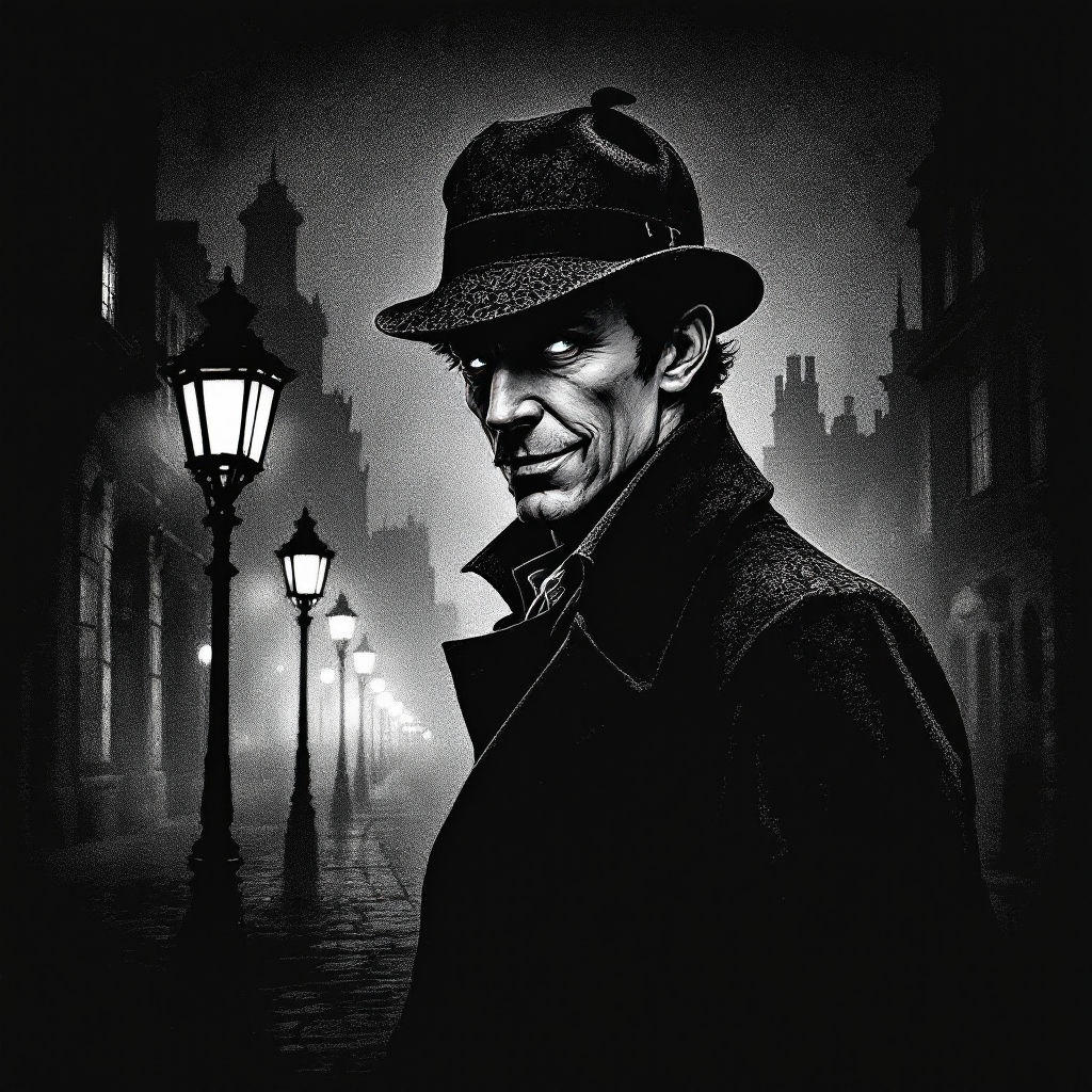 A shadowy figure in a fedora stands in a foggy, lamppost-lit street, embodying the cunning and merciless exploitation of trust as highlighted in the quote about Holmes.