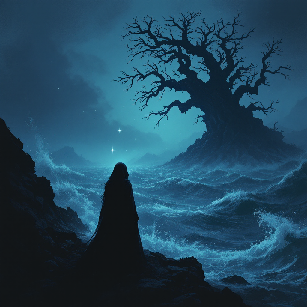 A silhouetted figure stands near turbulent waters, gazing at a gnarled, majestic tree against a deep blue sky, symbolizing untapped power and inner strength.