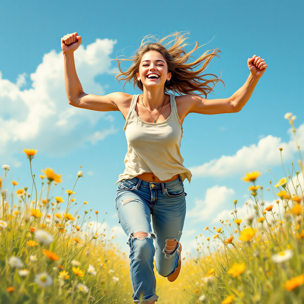 A joyful woman runs through a field of wildflowers under a bright blue sky, embodying resilience and urgency, reflecting the quote about survival and the lack of patience.