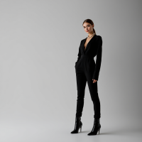 A confident individual stands in a sleek black jumpsuit and high heels, embodying elegance and poise against a minimalist gray background, reflecting the quote on superficial attributes.