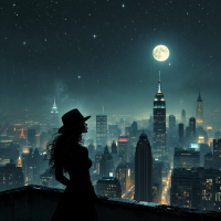 A silhouette of a woman in a hat gazes over a vibrant cityscape illuminated by stars and a glowing moon, reflecting the sentiment that stars are better off without us.