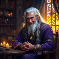 An elderly man with long, silver hair and a wise expression sits at a table in a warmly lit room filled with books and candles, embodying knowledge and experience.