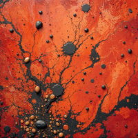 An abstract image featuring a vibrant orange background with black and brown splatters and textures, capturing the essence of a steamy beverage made from ground worldtree seeds.