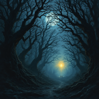 A dark, foreboding forest with twisted, bare trees encircling a path. A faint glow emerges ahead, hinting at what lies within the shadows, echoing fears of the unknown.