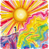 A vibrant illustration of a person standing on a ledge, gazing at a bright sun rising over colorful, swirling clouds, with the quote about tomorrow being a new day artistically integrated.