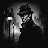 A shadowy figure in a fedora stands in a foggy, lamppost-lit street, embodying the cunning and merciless exploitation of trust as highlighted in the quote about Holmes.