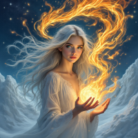 A young woman with long, flowing silver hair holds a glowing ball of fire in her hands, surrounded by a starry night and icy mountains, radiating an aura of mystique and power.