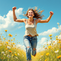 A joyful woman runs through a field of wildflowers under a bright blue sky, embodying resilience and urgency, reflecting the quote about survival and the lack of patience.