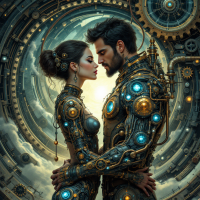 A steampunk couple embraces, their mechanical outfits adorned with glowing gears, framed by a circular metallic backdrop, embodying the quote: I’d never give up on you. We belong together.