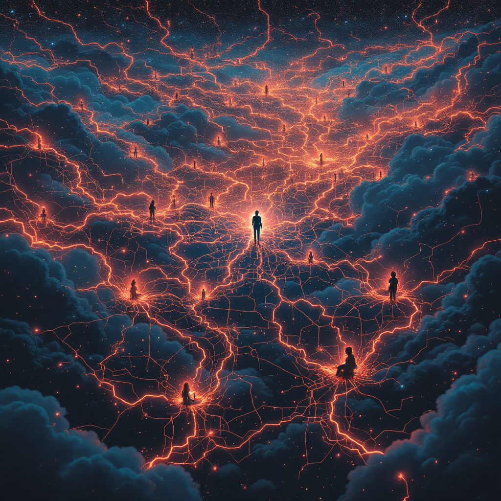 A vibrant, ethereal scene depicting a figure surrounded by glowing networks of connections amid dark, swirling clouds, symbolizing how the Internet fosters human connections.