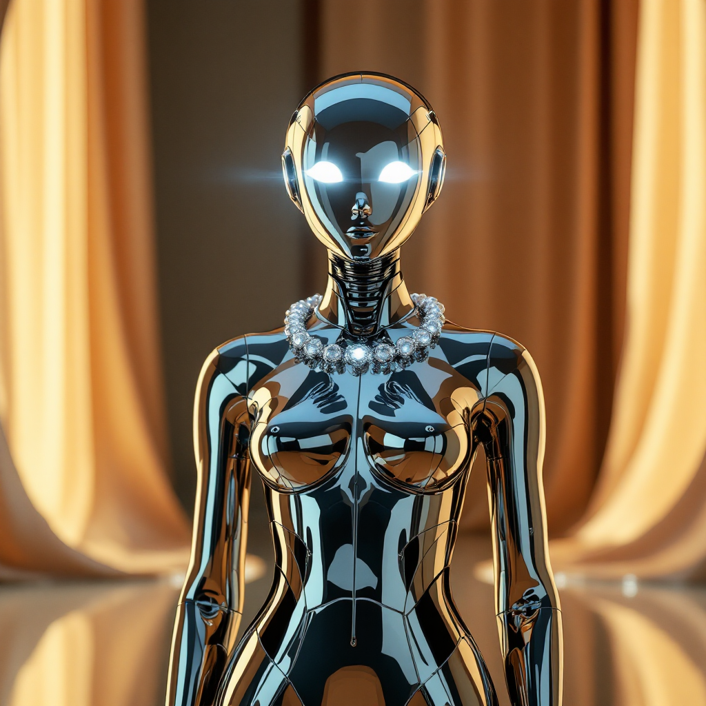 A sleek, metallic humanoid figure with glowing eyes stands confidently against a backdrop of elegant drapery, embodying the persona of an “incredible machine.”