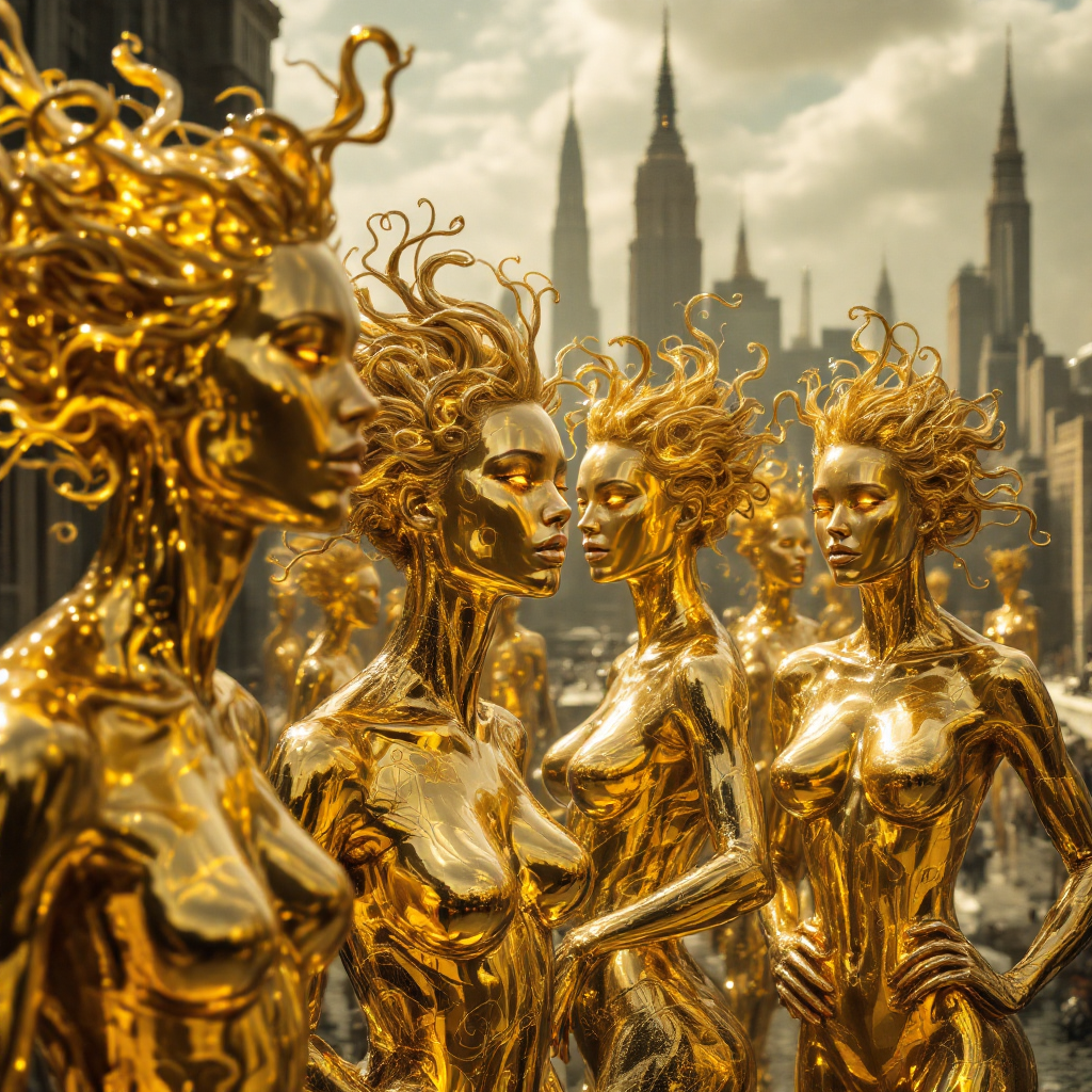 A group of golden humanoid figures with intricate hairstyles stands against a city skyline, embodying the complexity and confusion of human identity.