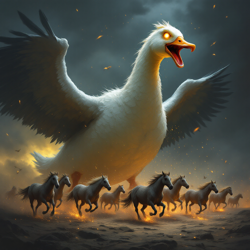 A giant, menacing goose with glowing eyes roars in a dark, stormy landscape while leading a group of galloping horses, embodying determination and defiance.