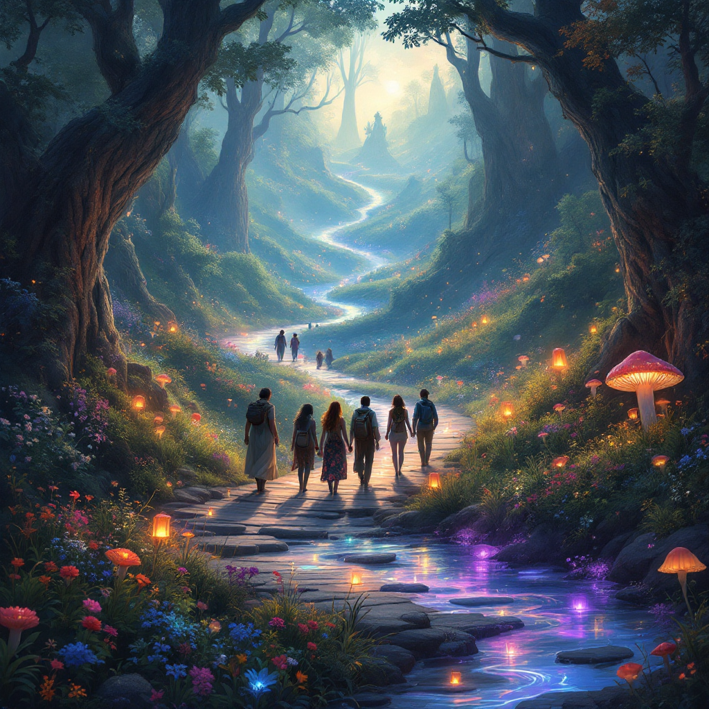 A serene, enchanting forest path winds through vibrant flowers and glowing mushrooms, with a group of travelers walking together, reflecting the journey of life and diverse paths taken.