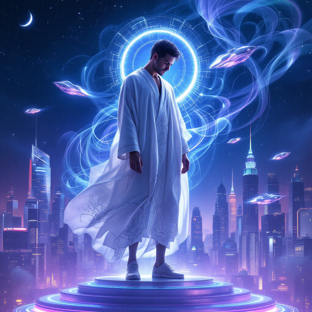 A figure in a flowing white robe stands on a glowing platform against a vibrant city skyline, embodying the essence of humanity's storytelling and existential exploration.