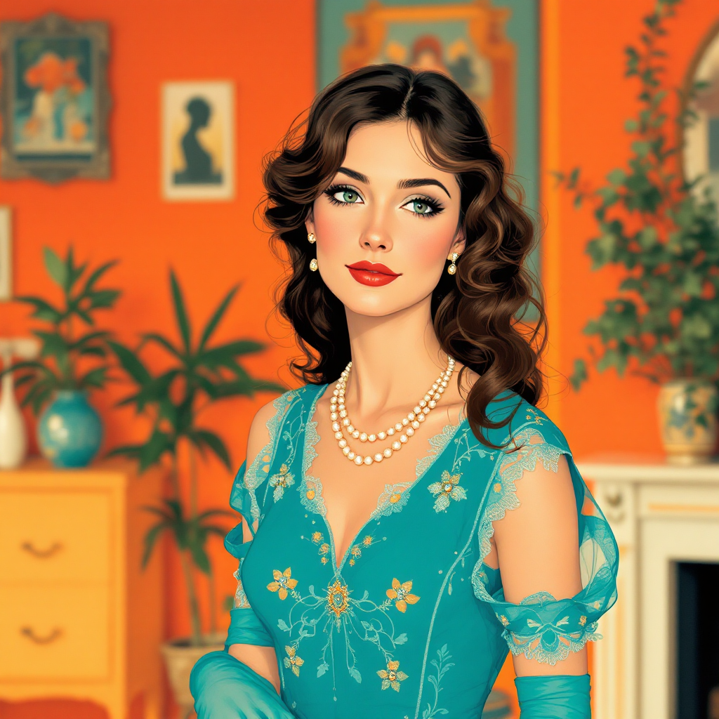 A glamorous young woman in a teal dress adorned with flowers stands confidently against a warm orange backdrop, reflecting the essence of being true to oneself, as echoed in Mrs. Dalloway.