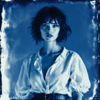 A portrait of a determined woman with tousled dark hair, wearing a white blouse, gazing confidently ahead against a textured blue backdrop, embodying the quote, I will not be afraid.