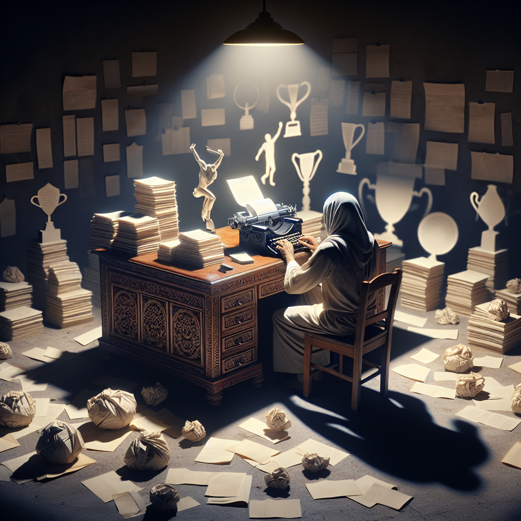 A writer sits at a cluttered desk surrounded by stacks of papers and shadowy, half-realized trophies, symbolizing near-successful but unfinished projects.