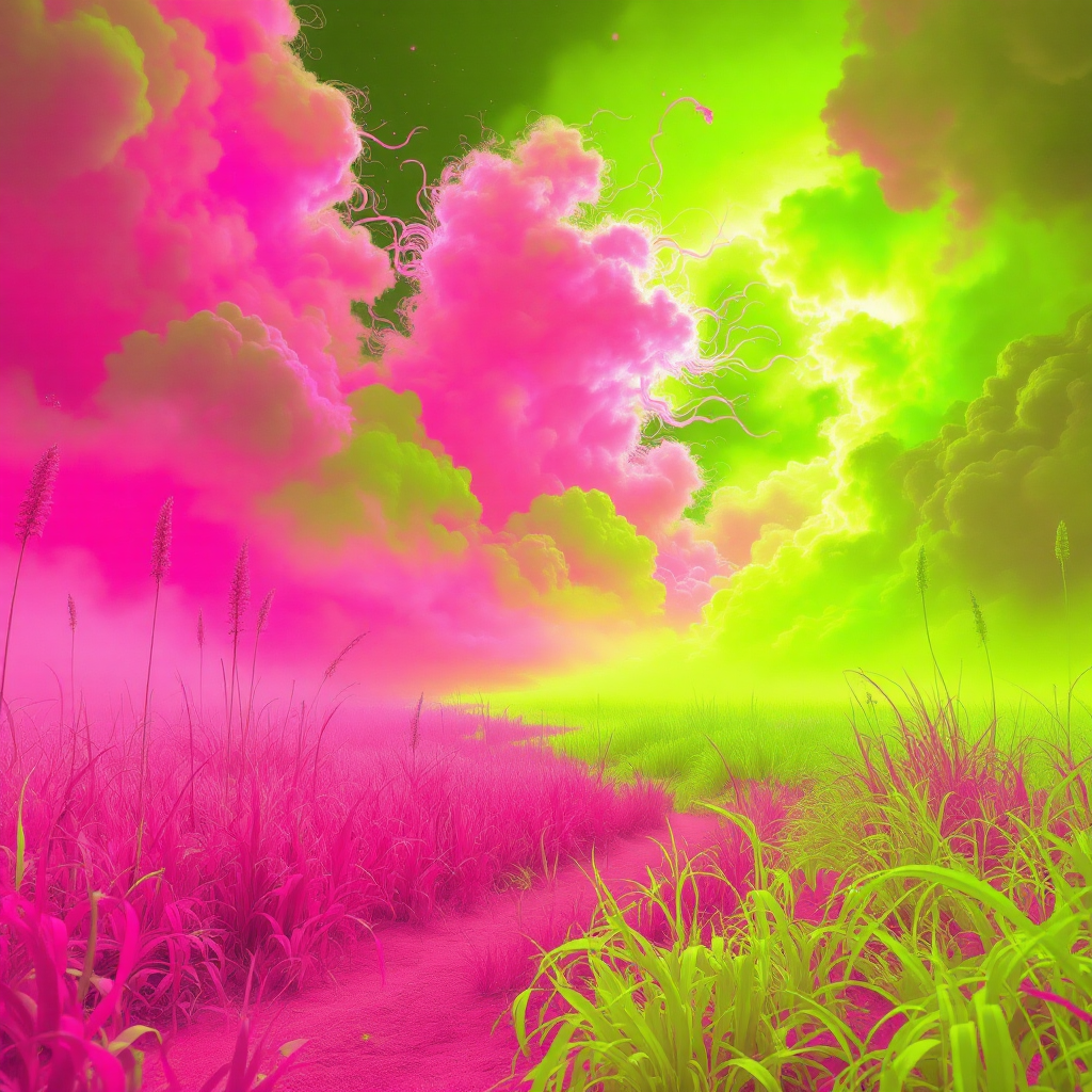 A vibrant landscape features bright pink and green skies filled with clouds and lightning, leading down a path through lush grass, reflecting the concept of a story's unresolved ending.