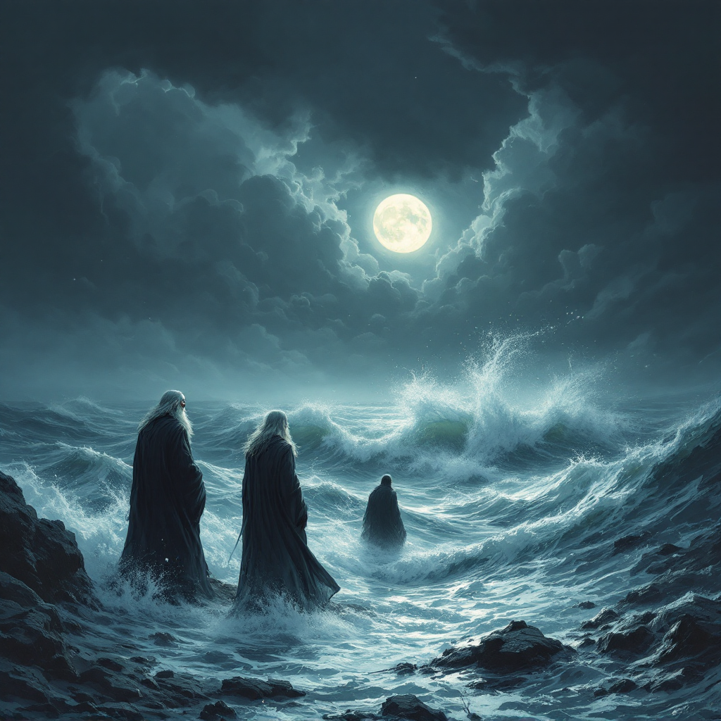 Three figures in dark cloaks stand on a rocky shore, facing a turbulent sea under a luminous full moon, embodying the fears of wise men: stormy seas, moonless nights, and gentle men's anger.