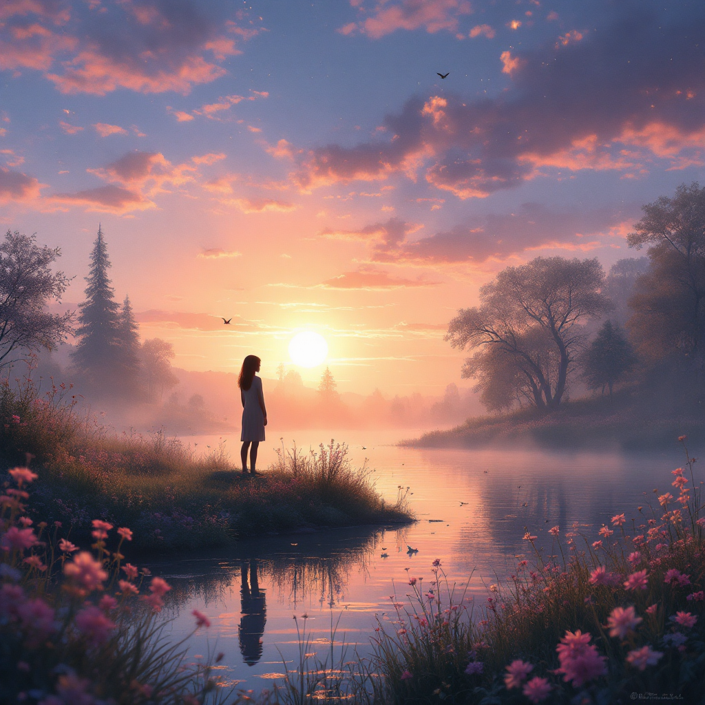 A serene scene at dawn, featuring a solitary figure by a calm river, surrounded by blooming flowers, with soft sunlight breaking through clouds, embodying the quote about light in shadows.