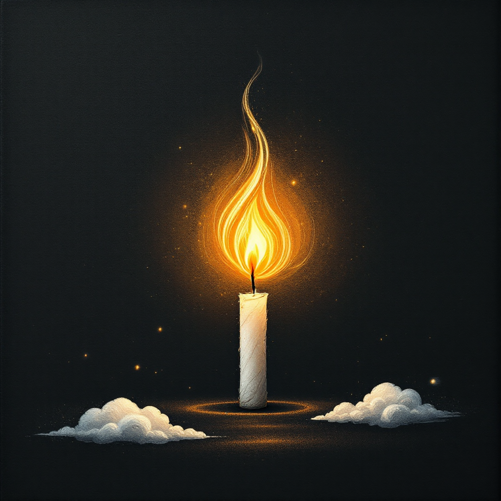 A glowing candle flickers softly against a dark background, surrounded by gentle clouds, symbolizing the enduring nature of hope from the quote, “Hope is like a light; it might flicker, but it never goes out.”