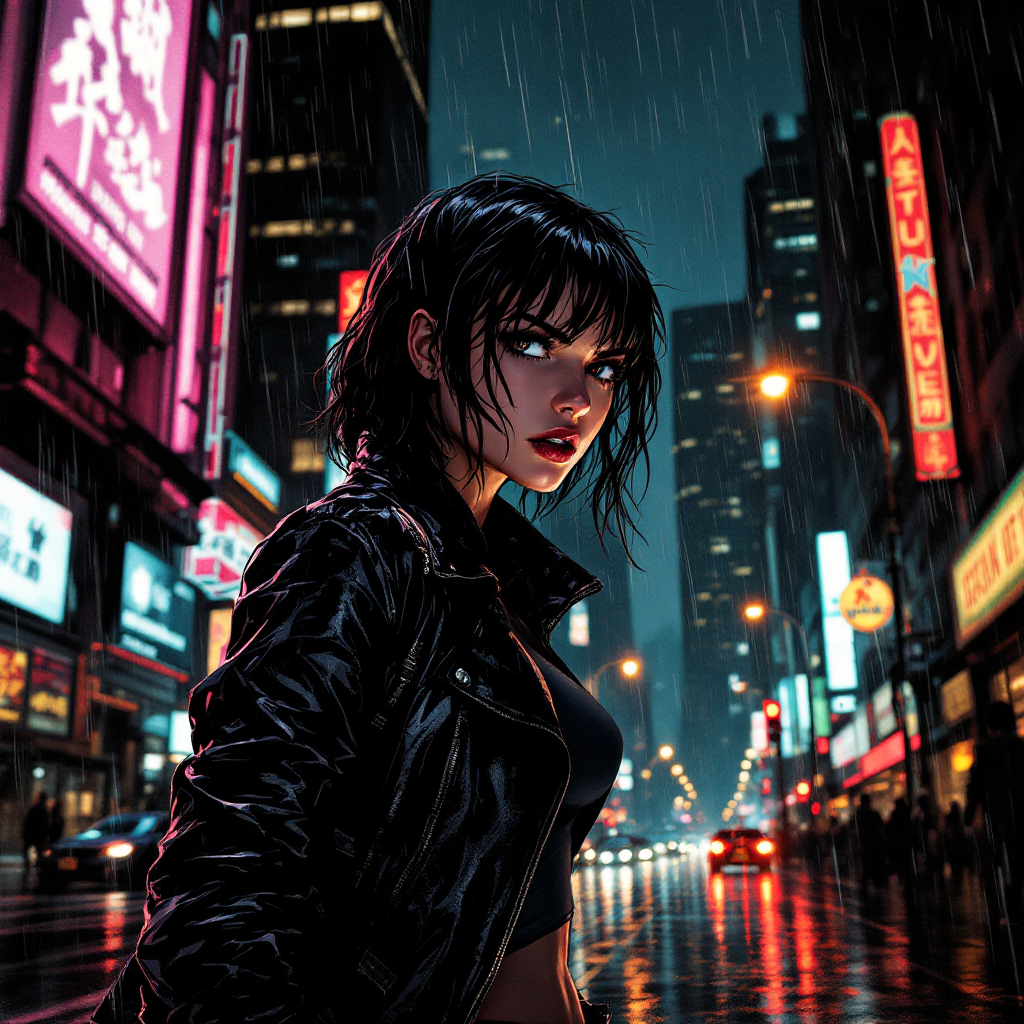 A woman with wet, tousled hair stands in a rain-soaked urban street, illuminated by vibrant neon lights, embodying the sentiment of giving without realization until it’s too late.