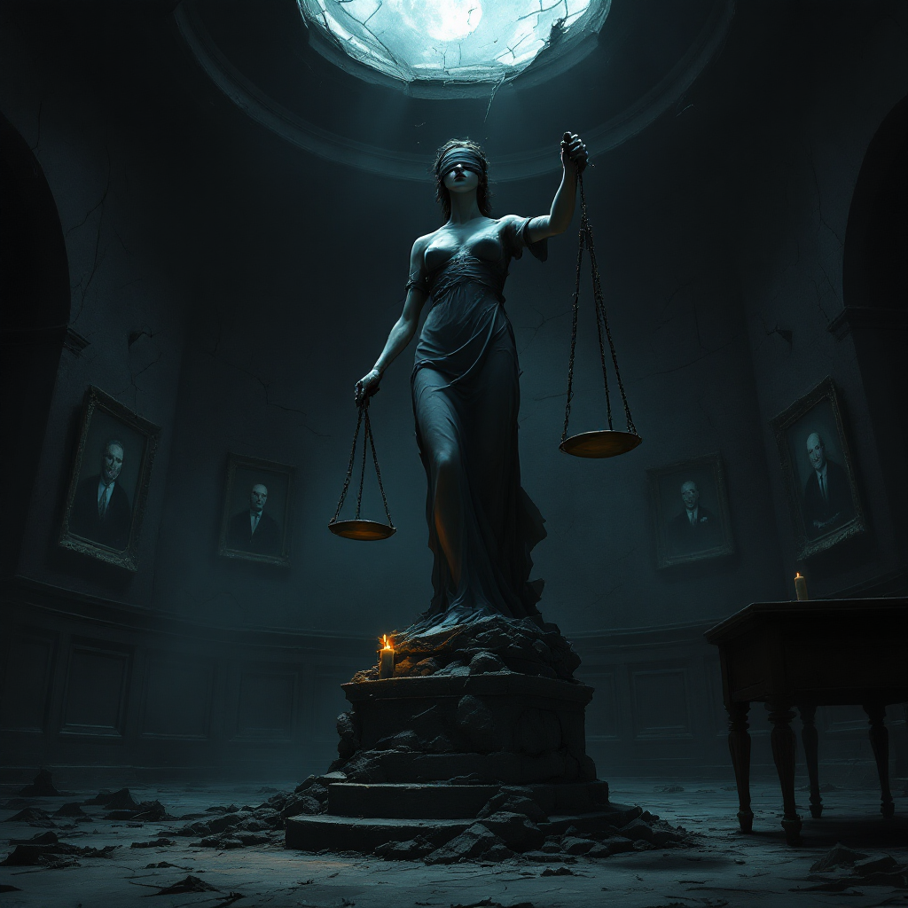 A dimly lit hall features a statue of Lady Justice holding scales, surrounded by shadowy portraits, symbolizing the complex nature of justice and its often unjust outcomes.