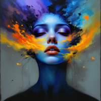 A vibrant portrait of a woman with a serene expression, her head surrounded by an explosion of colorful swirls, embodying the quote's theme of fear and loss of self.