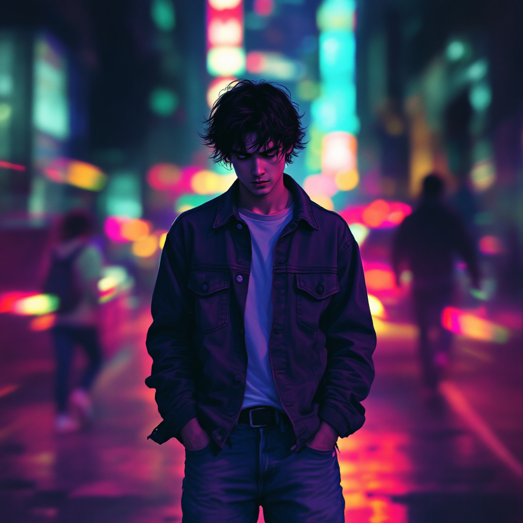 A young man stands alone in a neon-lit urban street, deeply contemplative, embodying the uncertainty of heroism expressed in the quote about self-doubt and perception.