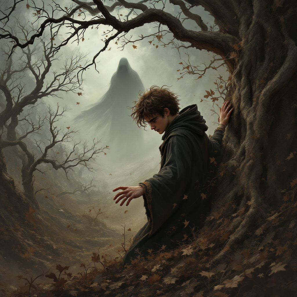 A young boy in a dark cloak stands amidst gnarled trees, looking cautiously towards a shadowy figure in the background, embodying the warning to stay safe from Sirius Black.