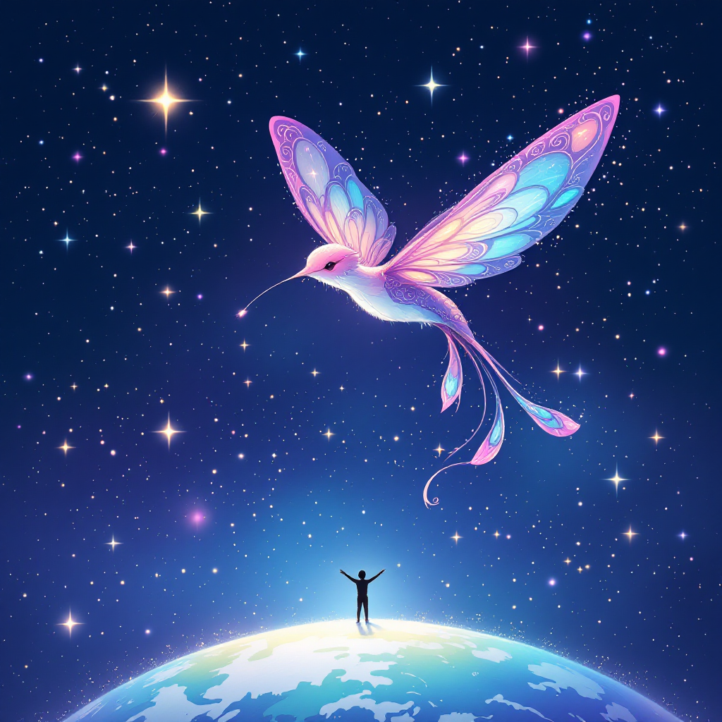 A figure stands on a glowing Earth, arms raised in awe as a large, colorful hummingbird descends from a starry sky, symbolizing love's tether to the world amid uncertainty.